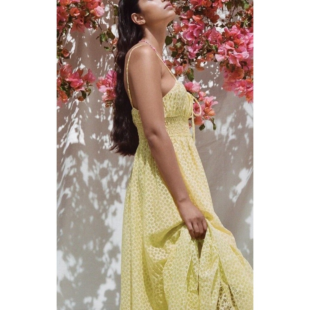 New Urban Outfitters Women Reina Semi-Sheer  Preppy Yellow Midi Dress Size Small - Picture 5 of 13